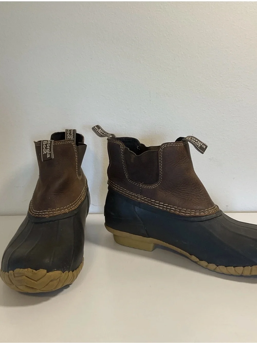 Georgia Boot Brown Leather and Black Rubber Duck Boots with Tan Soles Size 8